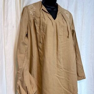 Women’s Tan Embroidered Thick Cotton Maxi Boho Ethnic Cottage Dress